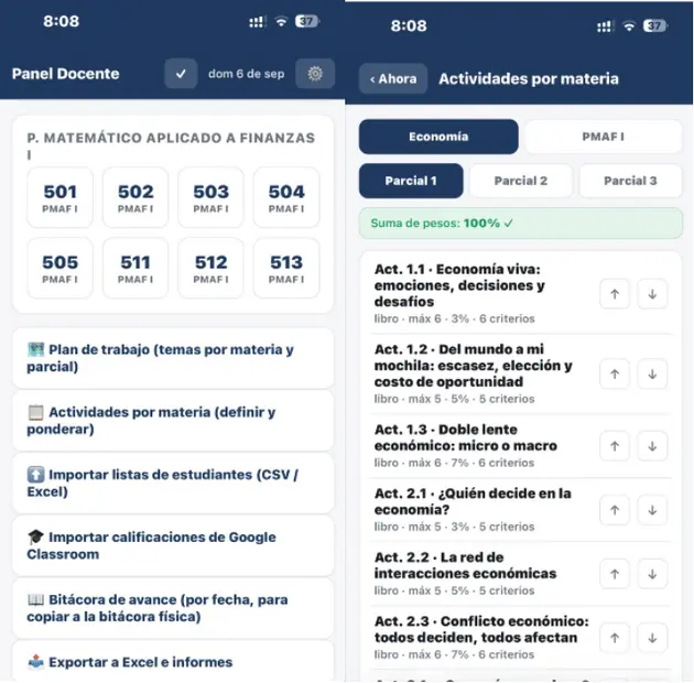 Grupos y actividades por materia