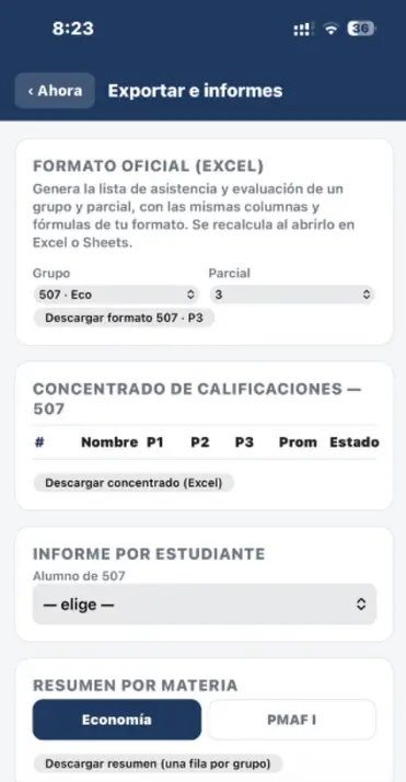 Exportación de informes y formatos de Excel