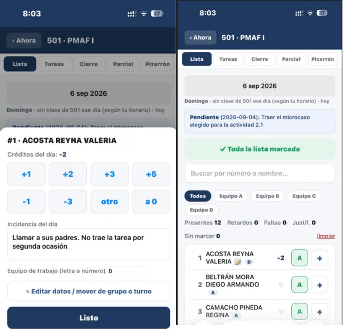 Registro de asistencia, créditos e incidencias en Panel Docente