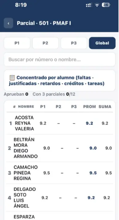 Concentrado de calificaciones por parcial